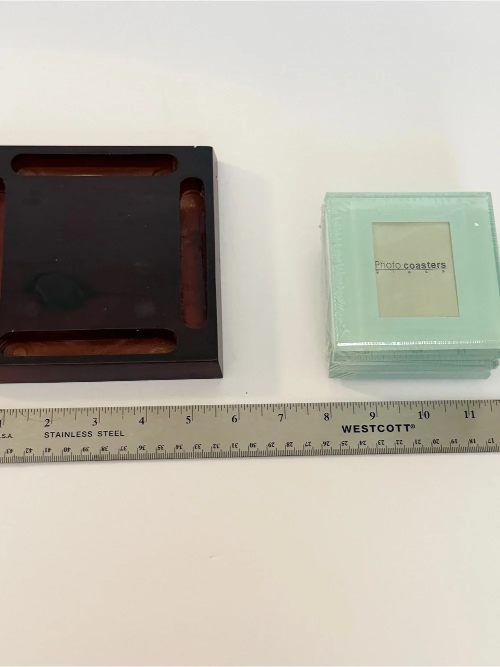 Glass Photo Coaster Set - 4 coasters with wooden base